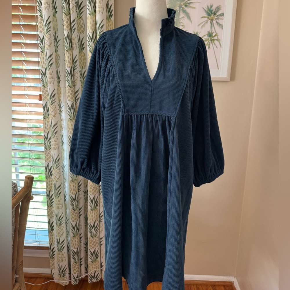 UMGEE Navy Blue Corduroy Babydoll Dress Balloon Sleeve Vneck Ruffle Collar NWT